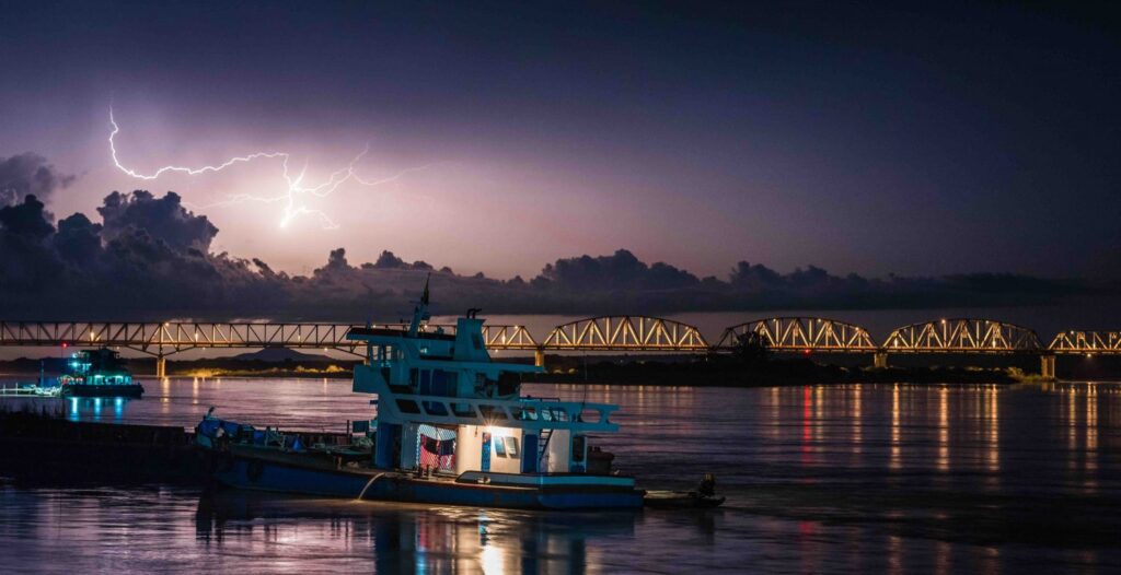 Lightning over bridge with boats in foreground